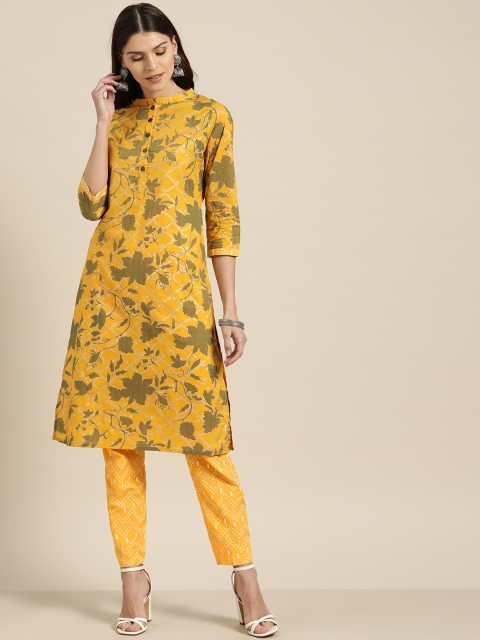

Shae by SASSAFRAS Women Mustard Yellow & Green Printed Straight Kurta with Trousers
