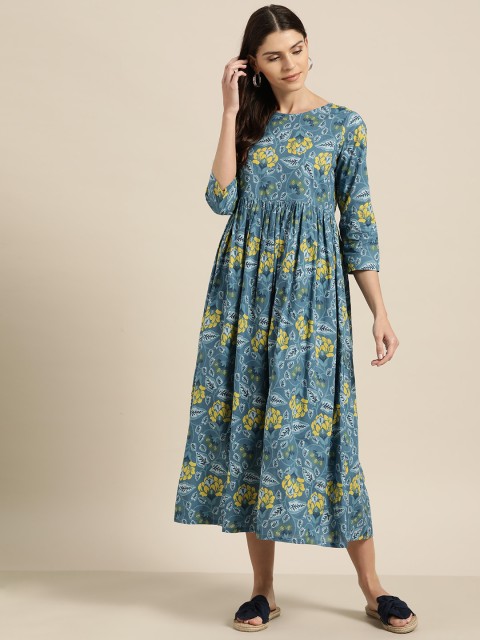 

Shae by SASSAFRAS Women Blue & Yellow Floral Printed A-Line Dress