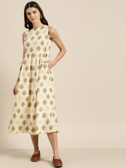 

Shae by SASSAFRAS Women Beige & Olive Green Printed A-Line Dress