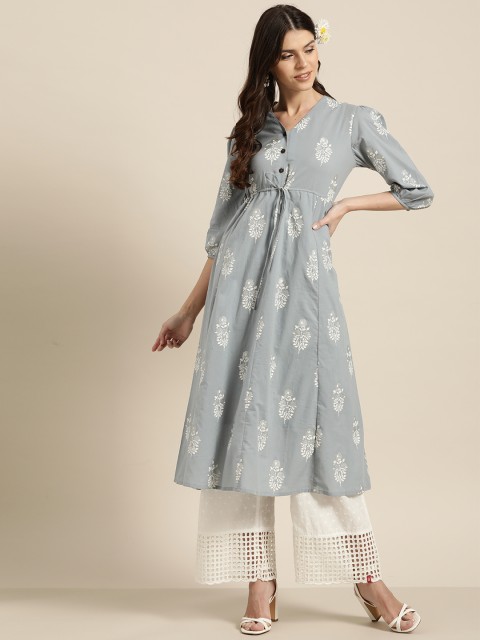 

Shae by SASSAFRAS Women Blue & White Foil Printed A-Line Kurta