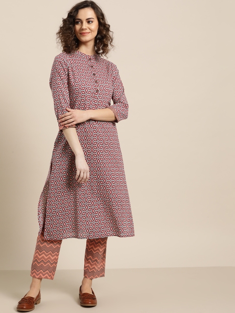 

Shae by SASSAFRAS Women Green & Peach Coloured Printed Kurta with Trousers