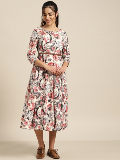 

Shae by SASSAFRAS Women Off-White & Pink Printed Fit and Flare Dress