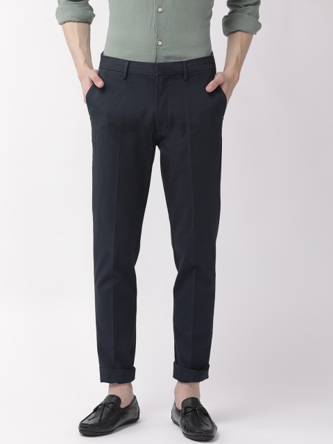 

Marks & Spencer Men Navy Blue Slim Fit Self Design Regular Trousers