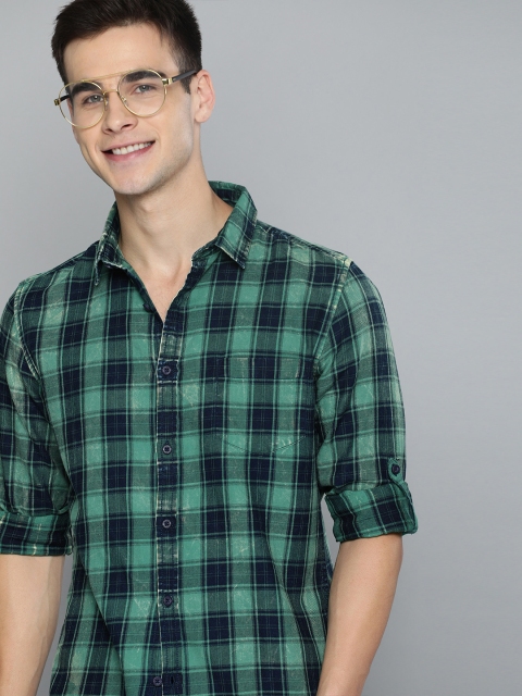 

HERE&NOW Men Green & Navy Blue Slim Fit Checked Casual Shirt