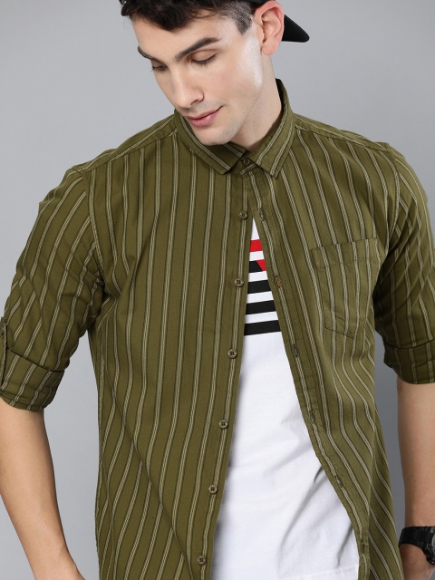

HERE&NOW Men Olive Green & Beige Slim Fit Striped Casual Shirt