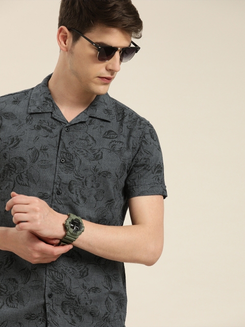 Men Grey & Black Slim Fit Printed Casual Shirt