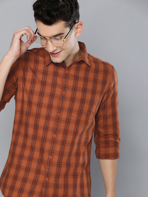

HERE&NOW Men Rust Brown & Navy Blue Slim Fit Checked Casual Shirt