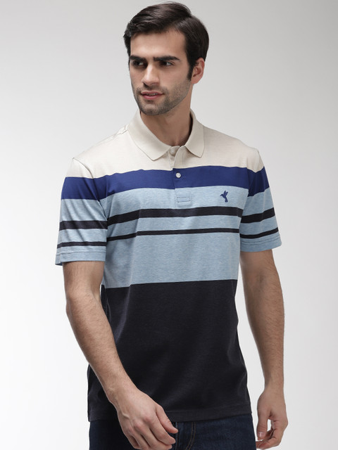 

Marks Spencer Men Blue Striped Polo Collar Pure Cotton T-shirt