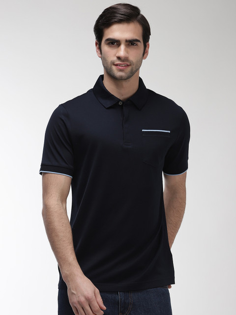 

Marks Spencer Men Navy Blue Solid Polo Collar Pure Cotton T-shirt