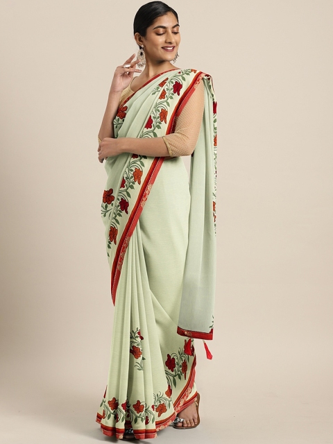 

Triveni Cream-Coloured & Red Poly Chiffon Printed Saree
