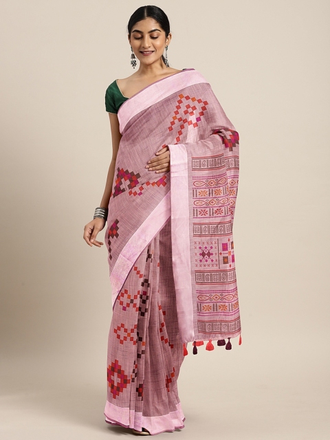

Triveni Pink & Red Cotton Blend Printed Saree