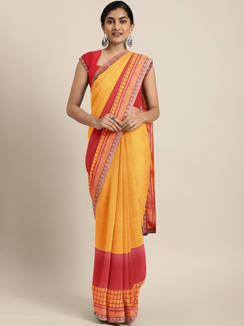 

Triveni Mustard Yellow & Red Poly Chiffon Checked Saree