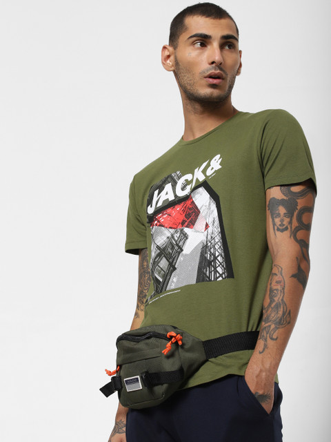 

Jack & Jones Men Olive Green Printed Round Neck T-shirt