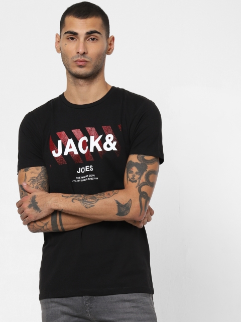 

Jack Jones Men Black Slim Fit Printed Round Neck Pure Cotton T-shirt