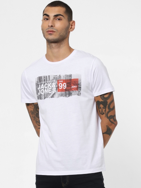 

Jack Jones Men White Slim Fit Printed Round Neck Pure Cotton T-shirt