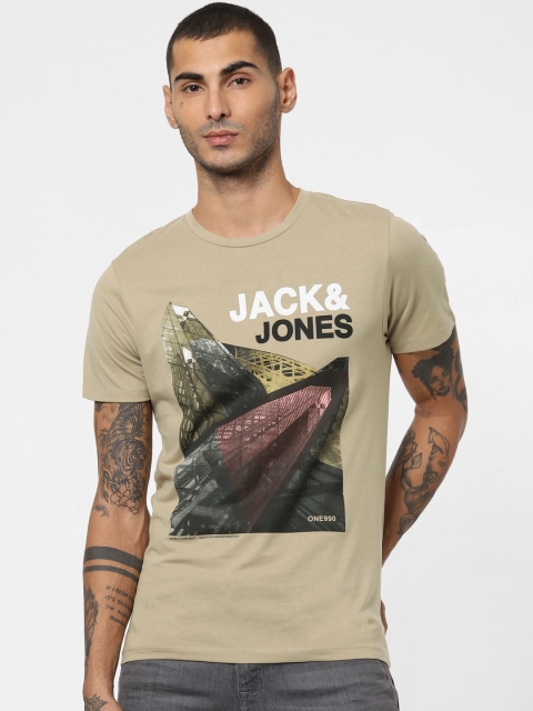 

Jack & Jones Men Beige Printed Slim Fit Round Neck T-shirt