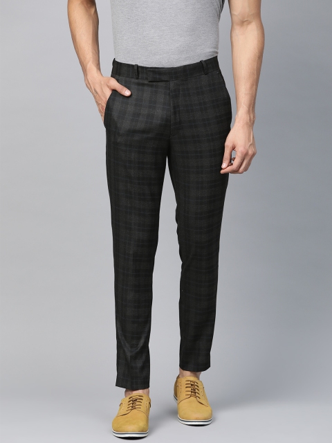 

DENNISON Men Charcoal Grey & Black Smart Tapered Fit Checked Regular Trousers