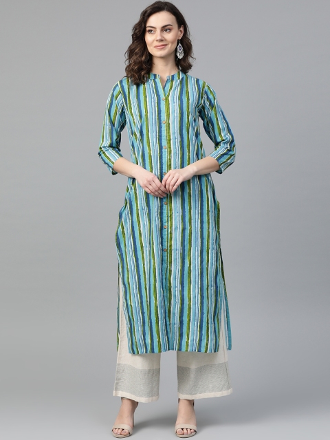 

KSUT Women Blue & Green Striped Straight Kurta