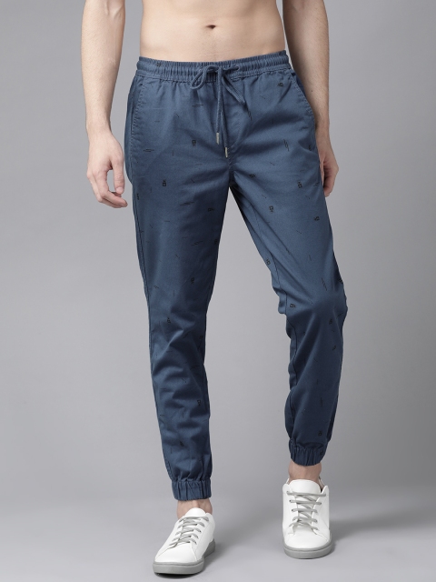 Men Navy Blue & Black Geometric Printed Pure Cotton Joggers