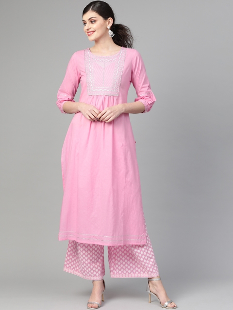 

Varanga Women Pink & White Zari Yoke Design Kurta with Palazzos
