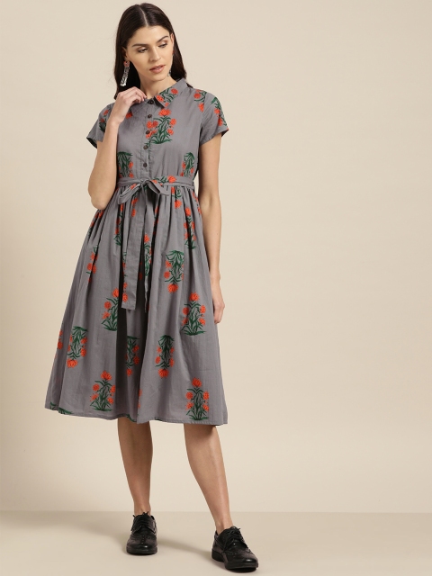 

Shae by SASSAFRAS Women Charcoal Grey & Orange Printed A-Line Dress