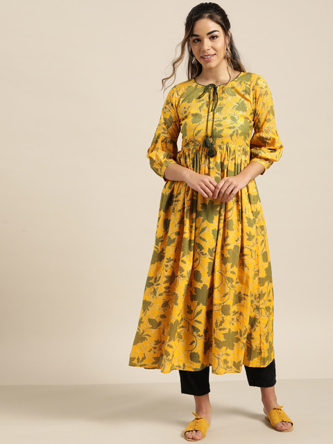 

Shae by SASSAFRAS Women Mustard Yellow & Green Floral Foil Printed A-Line Kurta