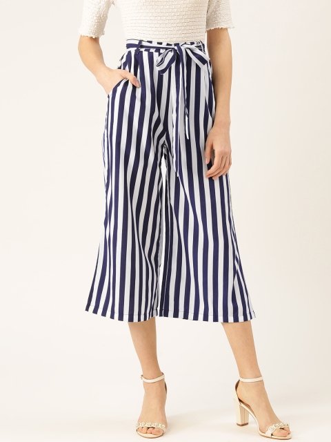 

WISSTLER Women White & Navy Blue Regular Fit Striped Culottes