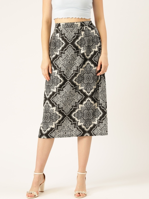 

WISSTLER Women Black & Off-White Printed Midi A-Line Skirt