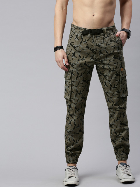 

Roadster Men Olive Green & Black Straight Fit Printed Joggers