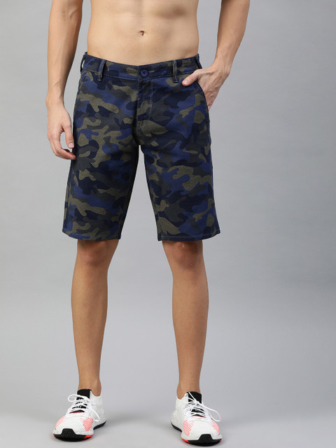 

HERE&NOW Men Navy Blue & Grey Slim Fit Camouflage Printed Regular Shorts