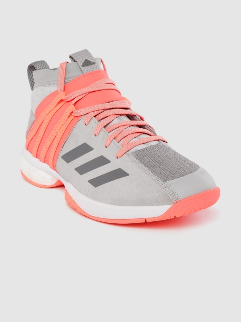 

ADIDAS Unisex Grey & Coral Pink Woven Design Wucht P8.1 Mid-Top Badminton Shoes