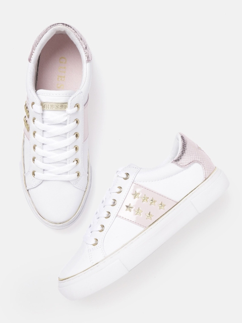 

GUESS Women White & Pink Sneakers with Studded & Coloublocked Detail