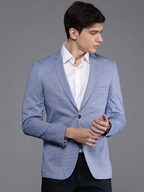 

Louis Philippe Sport Men Blue & White Super Slim Fit Self Design Smart Casual Pure Cotton Blazer