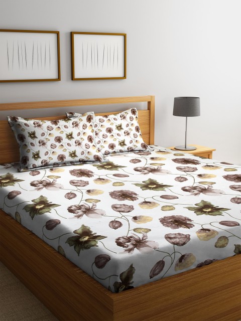 

Cortina Off-White & Brown Floral 104 TC Cotton 1 King Bedsheet with 2 Pillow Covers