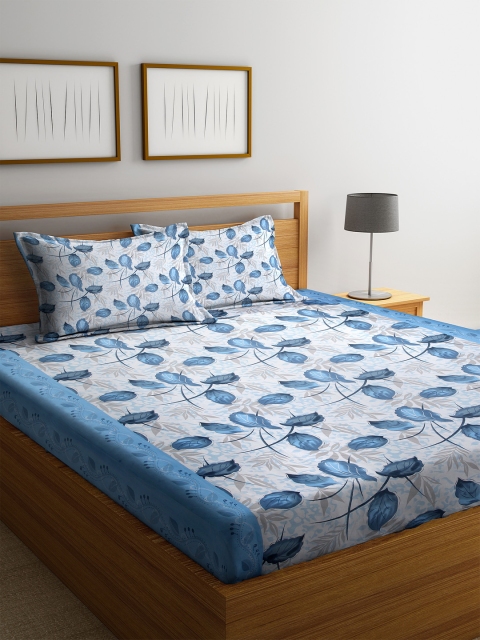 Cortina Blue & White Floral 104 TC Cotton 1 King Bedsheet with 2 Pillow Covers