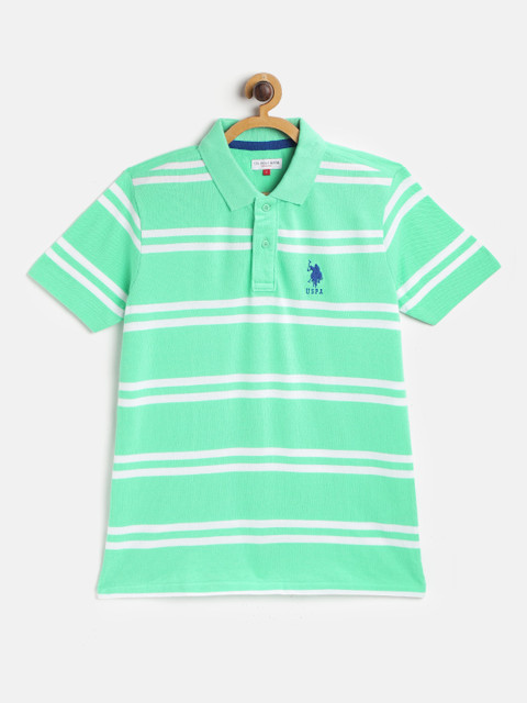 

U.S. Polo Assn. Kids Boys Green White Striped Pure Cotton Polo Collar Pure Cotton T-shirt