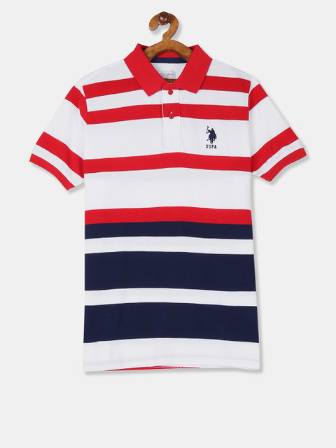 

U.S. Polo Assn. Kids Boys White Striped Polo Collar Pure Cotton T-shirt