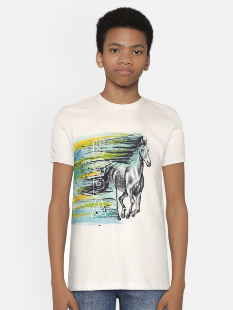 

U.S. Polo Assn. Kids Boys White Blue Pure Cotton Graphic Print Round Neck Pure Cotton T-shirt