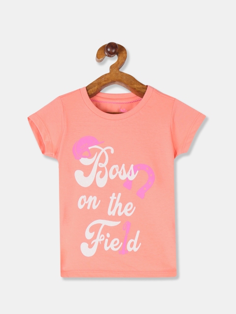 

U.S. Polo Assn. Kids Girls Coral Orange Printed Round Neck T-shirt