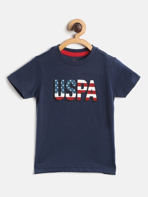 

U.S. Polo Assn. Kids Boys Navy Blue White Brand Logo Print Round Neck Tshirt