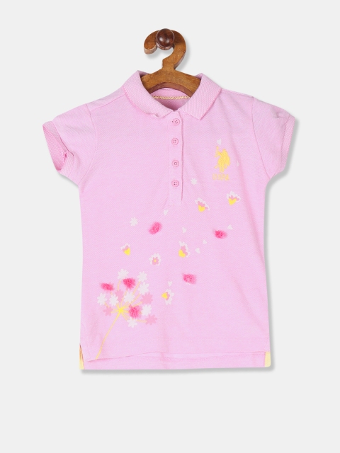 Girls Pink & Yellow Floral Printed Polo Collar T-shirt