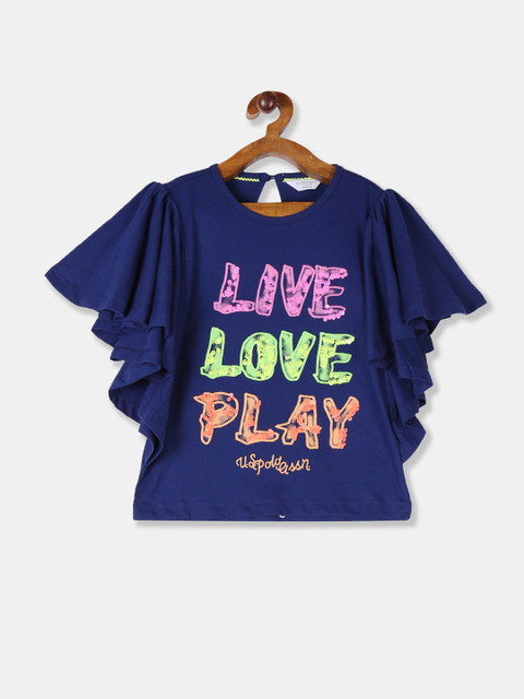 

U.S. Polo Assn. Kids Girls Navy Blue Printed Pure Cotton Top