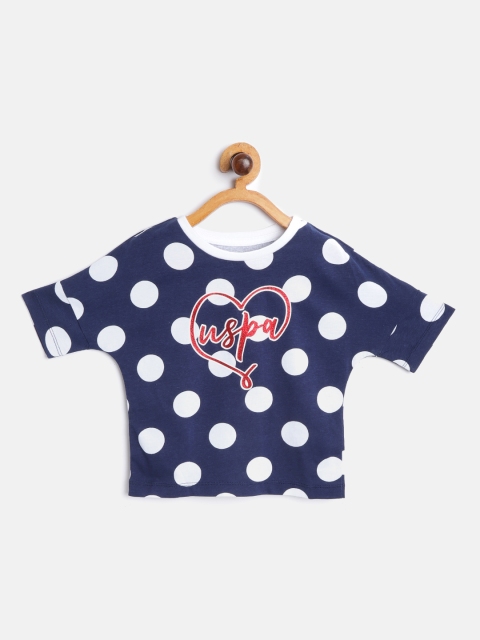 

U.S. Polo Assn. Kids Girls Navy Blue & White Polka-Dot Print Cotton Round Neck T-shirt