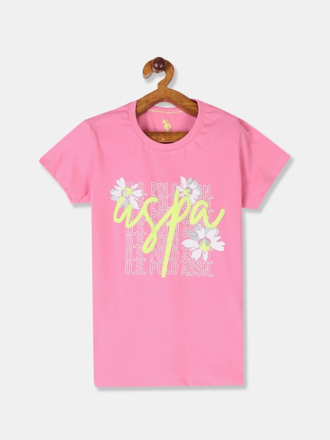 Girls Pink Printed Round Neck T-shirt