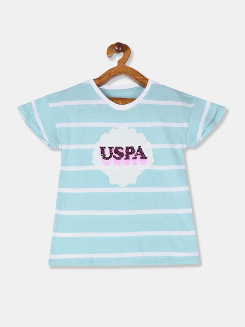 

U.S. Polo Assn. Kids Girls Blue Striped Sequinned Round Neck T-shirt