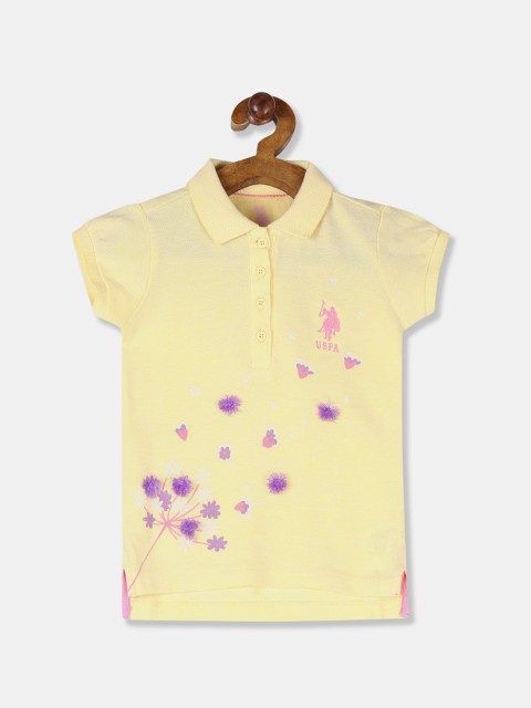 

U.S. Polo Assn. Kids Girls Yellow Printed Polo Collar T-shirt