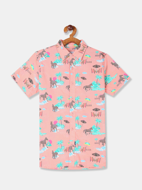 

U.S. Polo Assn. Kids Boys Peach-Coloured & Green Regular Fit Printed Casual Shirt
