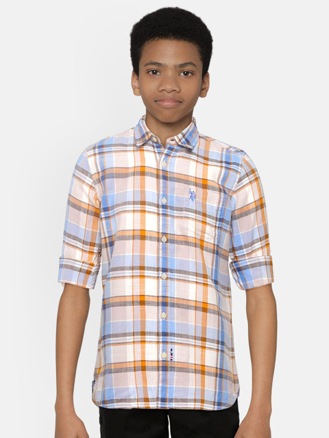 

U.S. Polo Assn. Kids Boys Blue & Orange Checked Regular Fit Casual Shirt