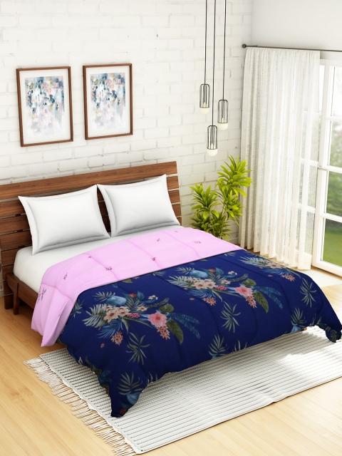 

WELHOME Navy Blue & Pink Floral AC Room 110 GSM Double Bed Quilt