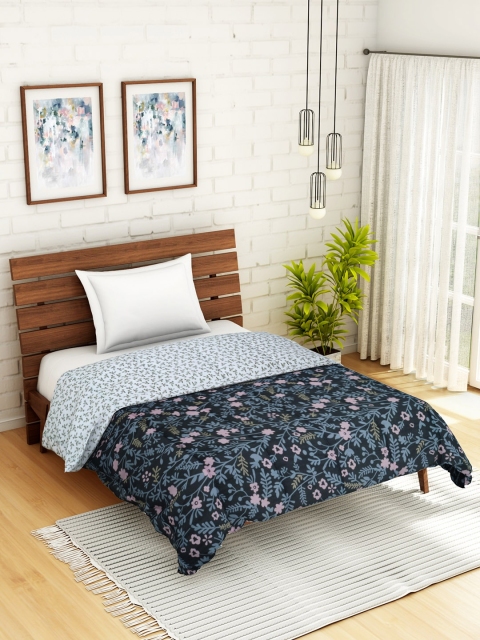 

WELHOME Grey & Black Floral AC Room 110 GSM Single Bed Quilt